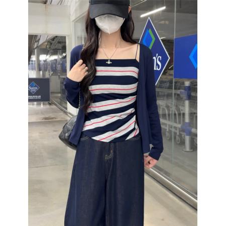 FA39122# 纯欲套装薄款长袖开衫外套女秋季内搭条纹吊带背心两件套 服裝批發女裝批發服飾貨源