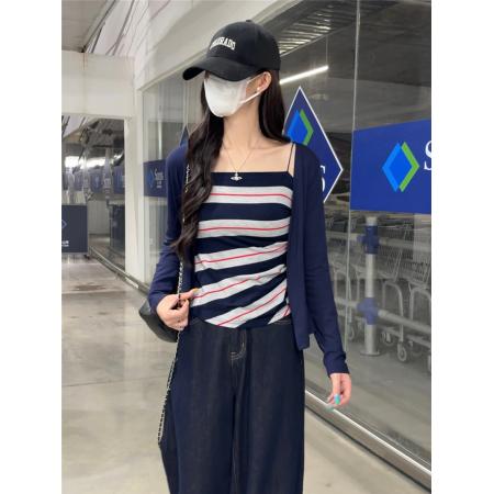 FA39122# 纯欲套装薄款长袖开衫外套女秋季内搭条纹吊带背心两件套 服裝批發女裝批發服飾貨源
