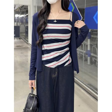 FA39122# 纯欲套装薄款长袖开衫外套女秋季内搭条纹吊带背心两件套 服裝批發女裝批發服飾貨源