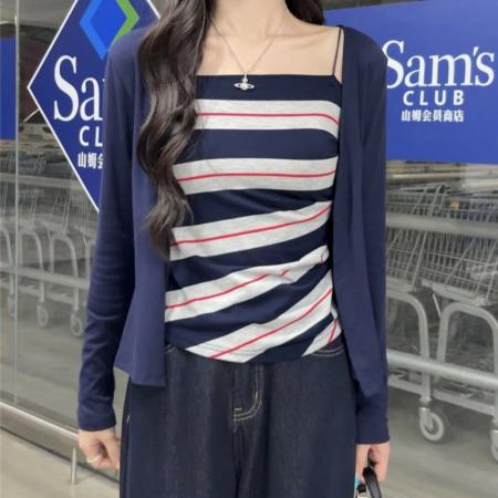 FA39122# 纯欲套装薄款长袖开衫外套女秋季内搭条纹吊带背心两件套 服裝批發女裝批發服飾貨源