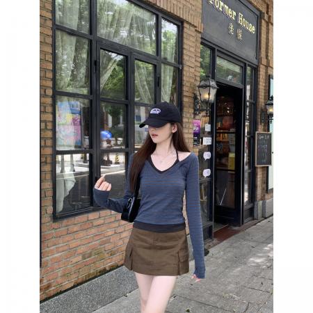FA39128# 早秋韩版纯欲辣妹假两件V领设计感修身显瘦长袖T恤上衣 服裝批發女裝批發服飾貨源