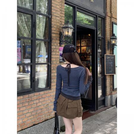 FA39128# 早秋韩版纯欲辣妹假两件V领设计感修身显瘦长袖T恤上衣 服裝批發女裝批發服飾貨源
