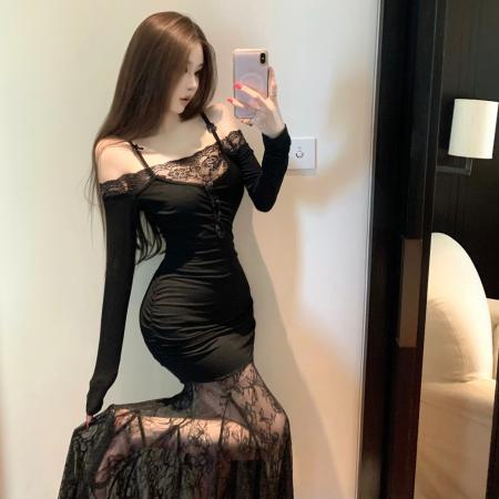 FA39129# 法式设计感小性感超仙蕾丝挂脖镂空修身显瘦包臀长袖纯欲长裙 服裝批發女裝批發服飾貨源