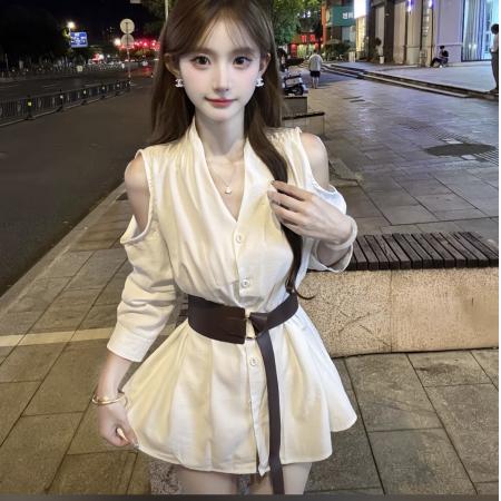 FA39135# 韩系V领露肩长袖衬衫女早秋款配腰带气质收腰显瘦上衣配腰带 服裝批發女裝批發服飾貨源