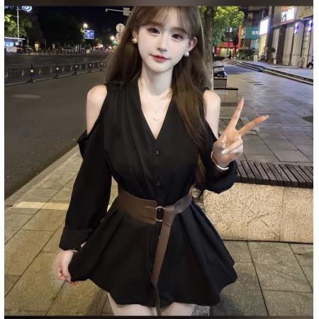 FA39135# 韩系V领露肩长袖衬衫女早秋款配腰带气质收腰显瘦上衣配腰带 服裝批發女裝批發服飾貨源