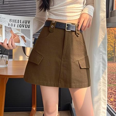 高腰牛仔短裙女秋季工装裙显瘦A...