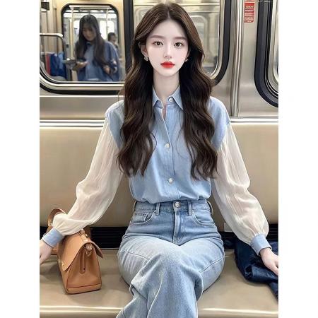FA39156# 早春韩系轻熟气质冷淡系高级感独特别致小上衣法式蓝色长袖衬衫女 服裝批發女裝批發服飾貨源