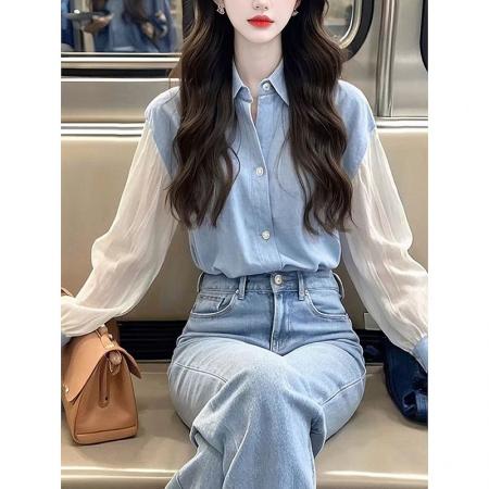 FA39156# 早春韩系轻熟气质冷淡系高级感独特别致小上衣法式蓝色长袖衬衫女 服裝批發女裝批發服飾貨源