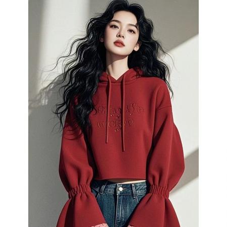 FA39160# 秋季新款爆款时尚洋气小个子韩系慵懒风红色蕾丝拼接连帽卫衣 服裝批發女裝批發服飾貨源