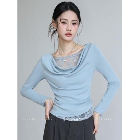 FA39162# 蓝色蕾丝拼接一字荡领T恤女秋夏季设计感修身显瘦长袖上衣 服裝批發女裝批發服飾貨源