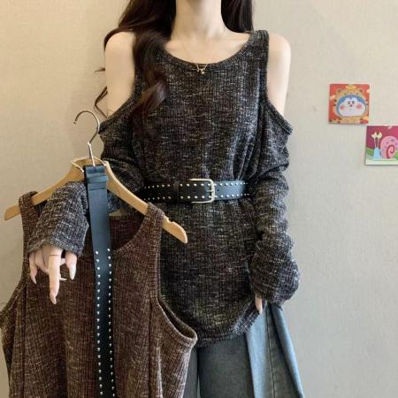 FA39166# 胖MM秋季韩版新款ins潮时尚休闲露肩款针织衫配腰带女 服裝批發女裝批發服飾貨源