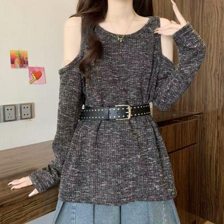 FA39166# 胖MM秋季韩版新款ins潮时尚休闲露肩款针织衫配腰带女 服裝批發女裝批發服飾貨源