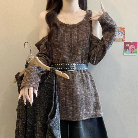 FA39166# 胖MM秋季韩版新款ins潮时尚休闲露肩款针织衫配腰带女 服裝批發女裝批發服飾貨源