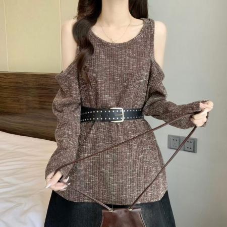 FA39166# 胖MM秋季韩版新款ins潮时尚休闲露肩款针织衫配腰带女 服裝批發女裝批發服飾貨源