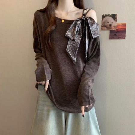 FA39167# 胖MM秋季韩版新款时尚休闲露肩针织衫配领带女长袖上衣 服裝批發女裝批發服飾貨源