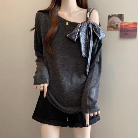 FA39167# 胖MM秋季韩版新款时尚休闲露肩针织衫配领带女长袖上衣 服裝批發女裝批發服飾貨源