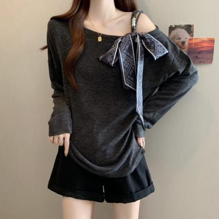 FA39167# 胖MM秋季韩版新款时尚休闲露肩针织衫配领带女长袖上衣 服裝批發女裝批發服飾貨源
