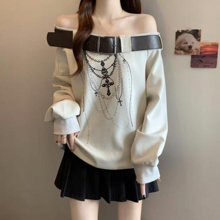 FA39169# 大码胖MM秋冬新款设计感皮带露肩百搭宽松长袖斜肩卫衣女 服裝批發女裝批發服飾貨源