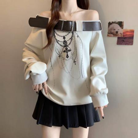 FA39169# 大码胖MM秋冬新款设计感皮带露肩百搭宽松长袖斜肩卫衣女 服裝批發女裝批發服飾貨源