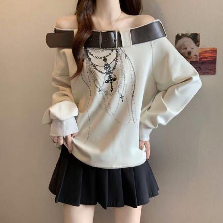 FA39169# 大码胖MM秋冬新款设计感皮带露肩百搭宽松长袖斜肩卫衣女 服裝批發女裝批發服飾貨源
