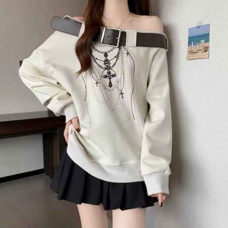 FA39169# 大码胖MM秋冬新款设计感皮带露肩百搭宽松长袖斜肩卫衣女 服裝批發女裝批發服飾貨源