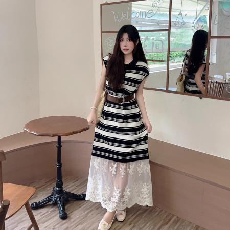 FA39170# 假两件拼接蕾丝条纹t恤裙子女学生小个子秋季短袖连衣裙宽松长裙 服裝批發女裝批發服飾貨源