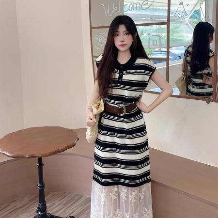 FA39170# 假两件拼接蕾丝条纹t恤裙子女学生小个子秋季短袖连衣裙宽松长裙 服裝批發女裝批發服飾貨源