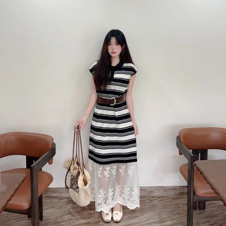 FA39170# 假两件拼接蕾丝条纹t恤裙子女学生小个子秋季短袖连衣裙宽松长裙 服裝批發女裝批發服飾貨源