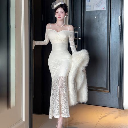 FA39172# 法式性感v领蕾丝吊带长袖连衣裙女纯欲辣妹收腰礼服包臀长裙 服裝批發女裝批發服飾貨源
