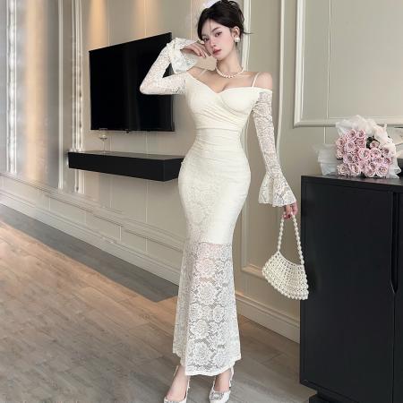 FA39172# 法式性感v领蕾丝吊带长袖连衣裙女纯欲辣妹收腰礼服包臀长裙 服裝批發女裝批發服飾貨源