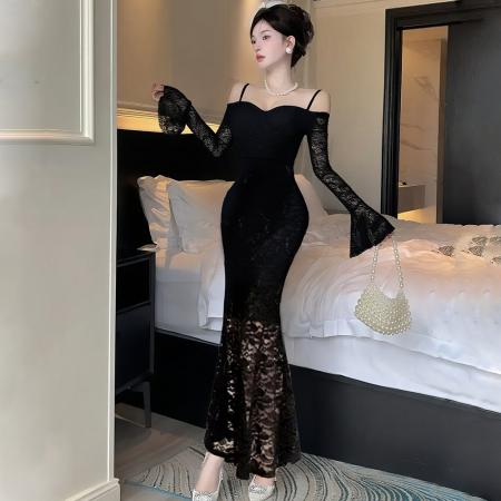 FA39172# 法式性感v领蕾丝吊带长袖连衣裙女纯欲辣妹收腰礼服包臀长裙 服裝批發女裝批發服飾貨源