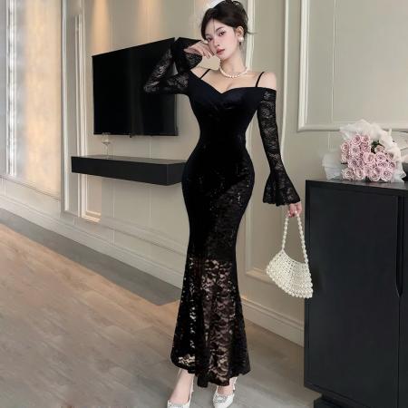 FA39172# 法式性感v领蕾丝吊带长袖连衣裙女纯欲辣妹收腰礼服包臀长裙 服裝批發女裝批發服飾貨源
