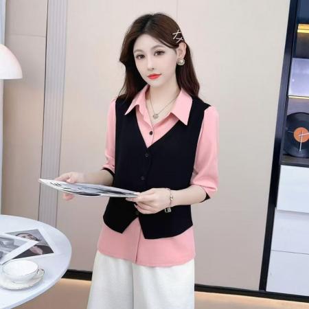 FA39178# 假两件衬衫秋季新款时尚POLO领小衫女显瘦气质休闲长袖上衣潮 服裝批發女裝批發服飾貨源