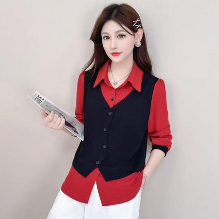 FA39178# 假两件衬衫秋季新款时尚POLO领小衫女显瘦气质休闲长袖上衣潮 服裝批發女裝批發服飾貨源