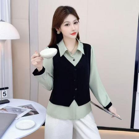 FA39178# 假两件衬衫秋季新款时尚POLO领小衫女显瘦气质休闲长袖上衣潮 服裝批發女裝批發服飾貨源