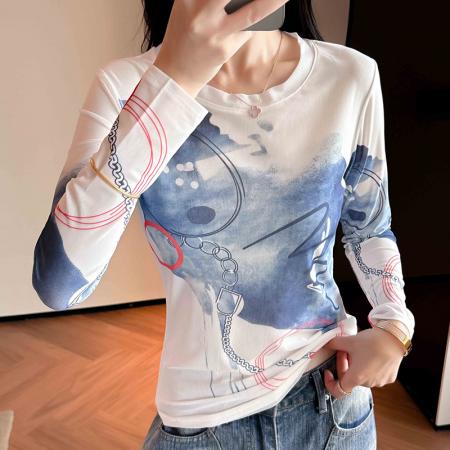 FA39192# 圆领定位印花时尚网纱T恤秋季新款百搭洋气衣服女品质休闲装 服裝批發女裝批發服飾貨源