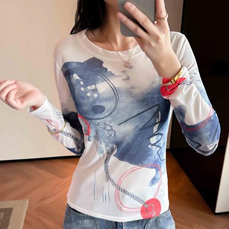 FA39192# 圆领定位印花时尚网纱T恤秋季新款百搭洋气衣服女品质休闲装 服裝批發女裝批發服飾貨源