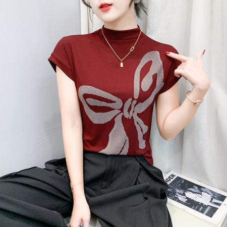 FA39194# 半高领蝴蝶结印花短袖潮秋季新款百搭洋气上衣弹力修身小衫 服裝批發女裝批發服飾貨源