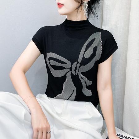 FA39194# 半高领蝴蝶结印花短袖潮秋季新款百搭洋气上衣弹力修身小衫 服裝批發女裝批發服飾貨源
