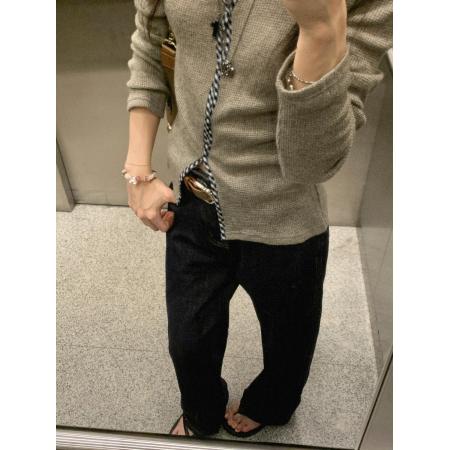 FA39196# 解构主义门襟格纹扭结包边收腰显瘦针织打底衫长袖上衣 服裝批發女裝批發服飾貨源