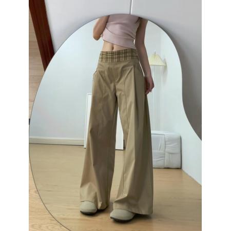 FA39198# 港风卡其色拼接大喇叭休闲裤女阔腿拖地长裤子百搭新款