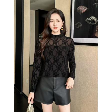 FA39205# 早秋新款时尚网纱提花洋气简约长袖T恤女修身显瘦打底