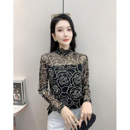 FA39206# 早秋新款时尚网纱提花洋气简约长袖T恤女修身显瘦打底