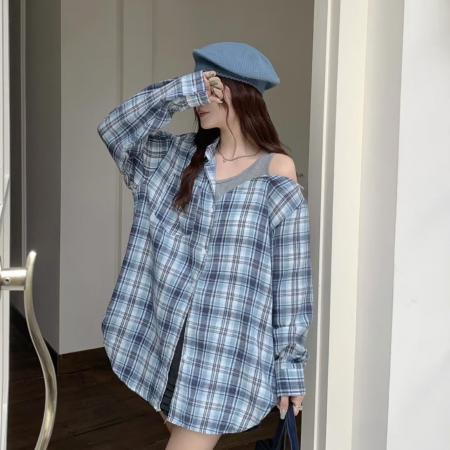 FA39208# 露肩拼接格子中长款长袖衬衫女秋季新款宽松百搭休闲格子上衣
