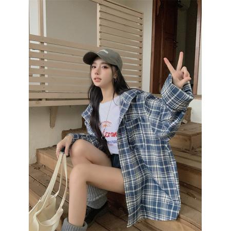 FA39210# 大码秋装复古格纹连帽长袖衬衫蓝色格子宽松外套女