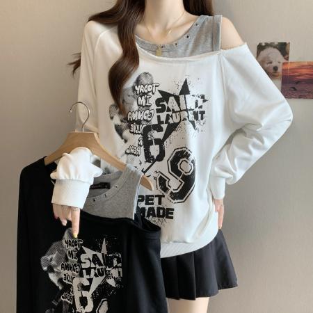 FA39213# 胖MM美式辣妹涂鸦印花假两件露肩卫衣女秋冬设计感宽松上衣潮