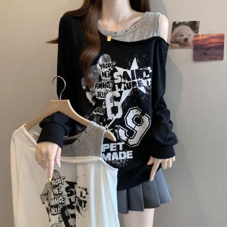 FA39213# 胖MM美式辣妹涂鸦印花假两件露肩卫衣女秋冬设计感宽松上衣潮