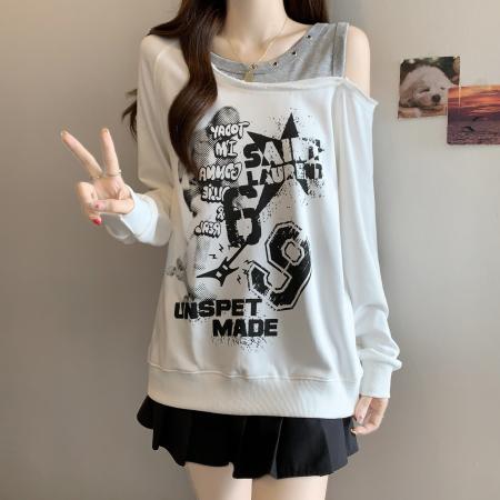 FA39213# 胖MM美式辣妹涂鸦印花假两件露肩卫衣女秋冬设计感宽松上衣潮