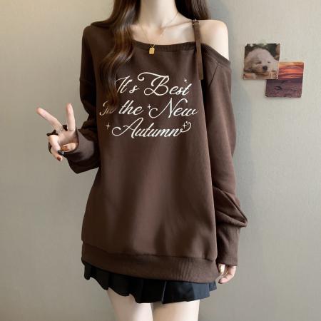 FA39216# 胖MM美式咖色字母露肩卫衣女秋慵懒高级宽松休闲长袖上衣