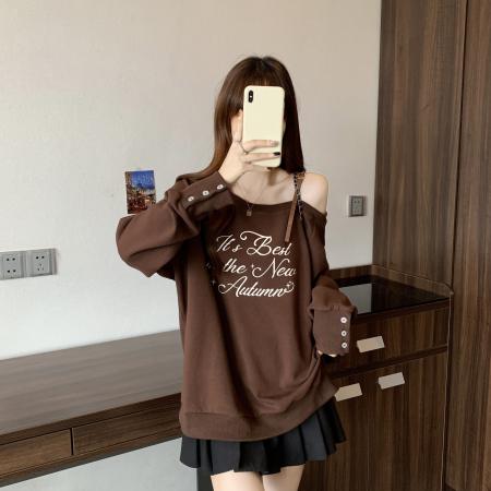 FA39216# 胖MM美式咖色字母露肩卫衣女秋慵懒高级宽松休闲长袖上衣